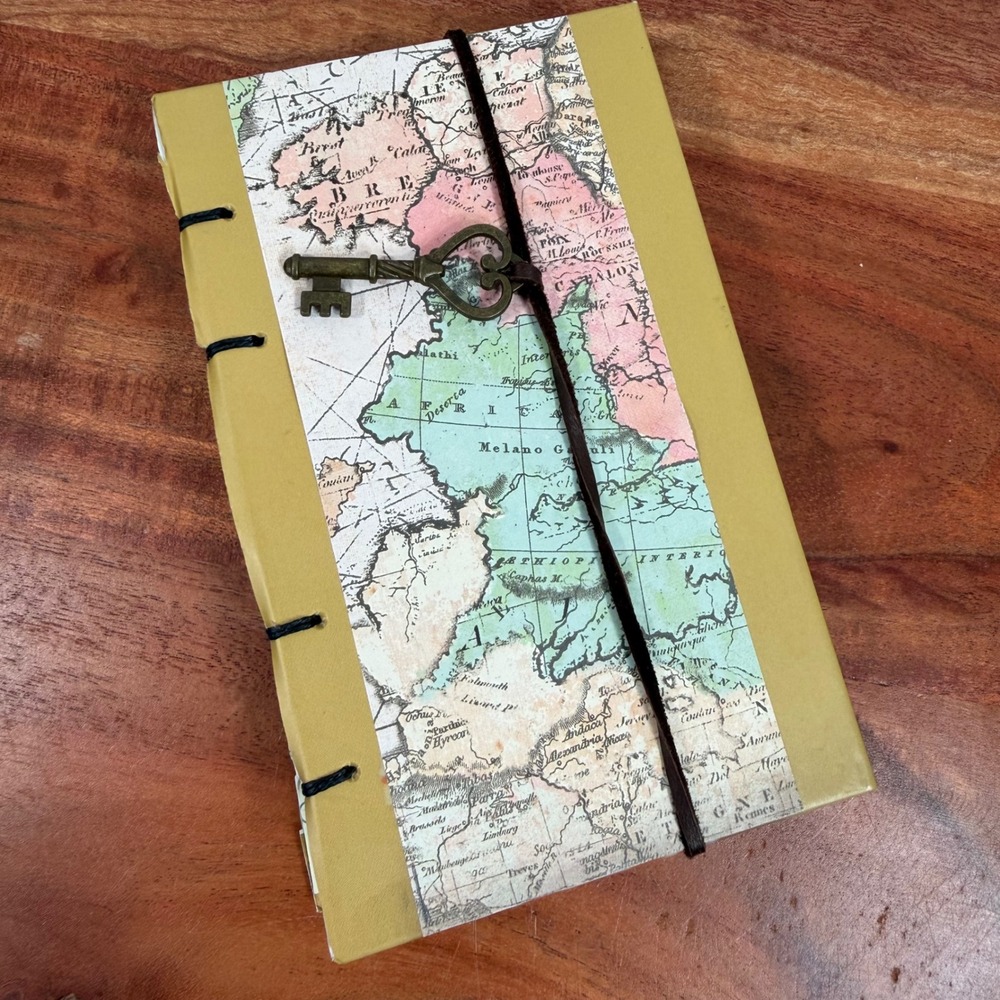 Vintage Map Handmade Journal with Skeleton Key Wrap Closure and Coptic Binding